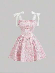 MOD Vestido corto rosado de mujer con estampado floral marrón y cinturón, vestido de patinadora acampanado vintage para graduación y té - Rosa - Ver 1