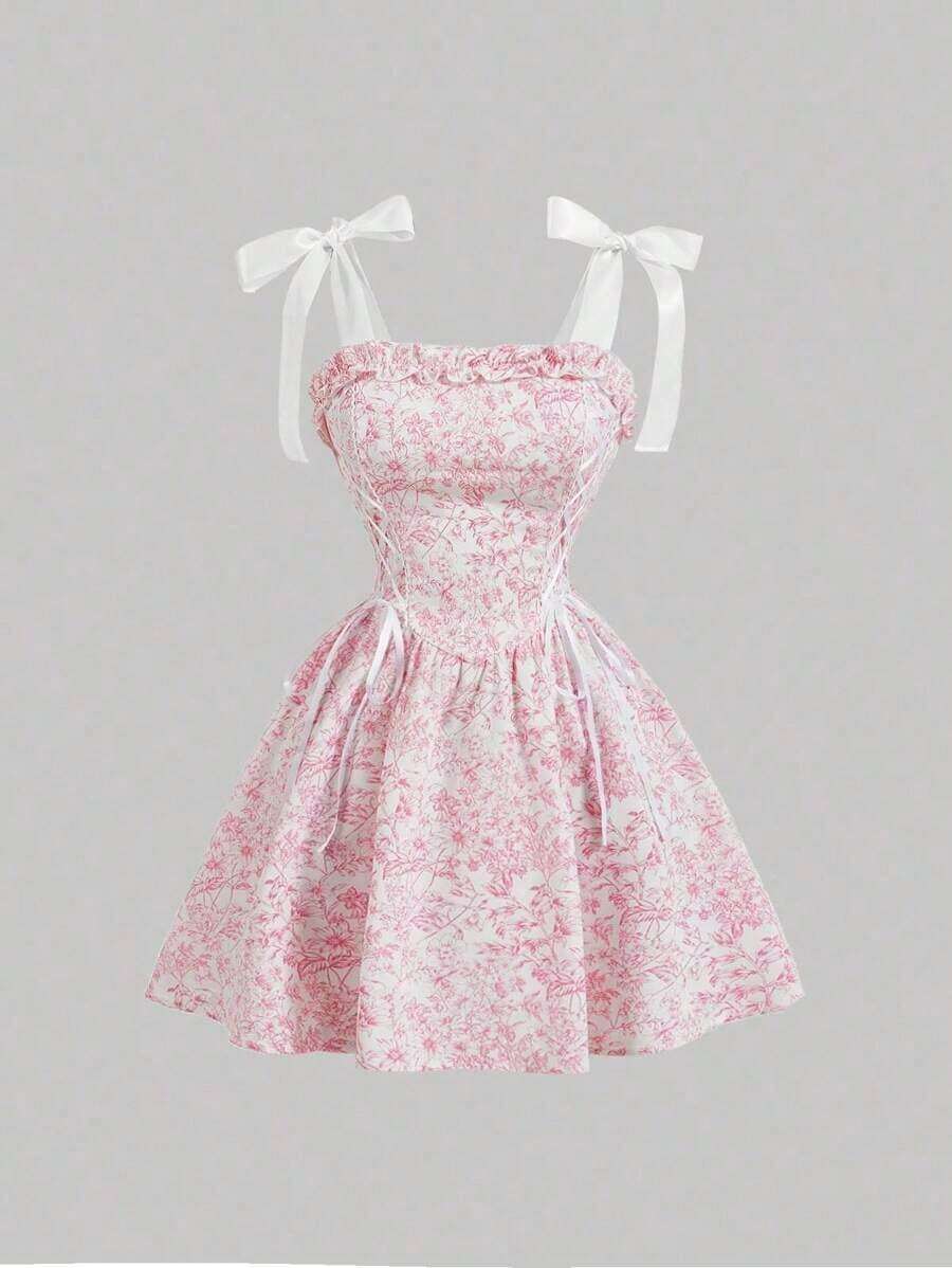 MOD Vestido corto rosado de mujer con estampado floral marrón y cinturón, vestido de patinadora acampanado vintage para graduación y té - Rosa - Ver 1