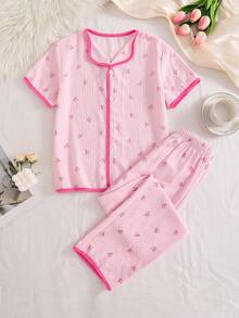 Coquette Pink Bow Striped Pajamas | Short Sleeve Open-Front Top & Long Pants, Bubble Crinkle Breathable Sleepwear For Girls - Pink - View 2