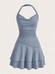 Vestido Rojo De Punto Sin Mangas Con Cuello Halter Y Doble Capa, Ajustado Para Mujer - Niebla azul - Ver 1