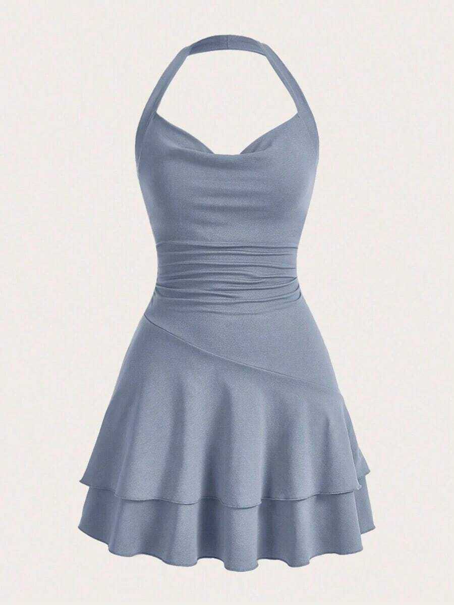 Vestido Rojo De Punto Sin Mangas Con Cuello Halter Y Doble Capa, Ajustado Para Mujer - Niebla azul - Ver 1