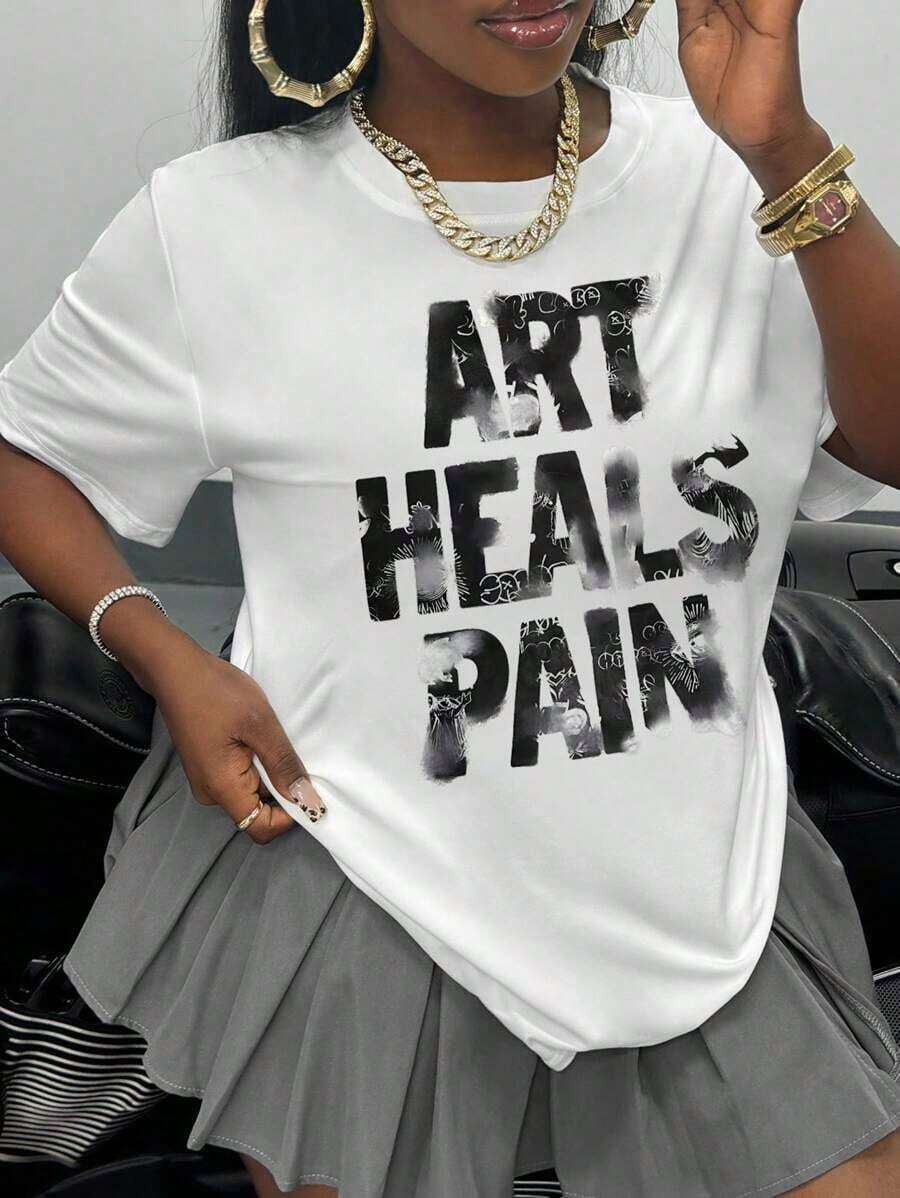Fashion Printed T‑Shirts for Women, Oversized Streetwear Tops, Comfortable and Stylish All‑Match Summer TeesINAWLY Camiseta holgada de moda de mujer con cuello de tripulación, manga corta y estampado de letras, camiseta gráfica de verano para mujeres - Blanco - Ver 1