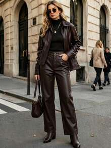 Women's Wide-Leg Coated Winter Pants With Elastane FL-837 - 咖啡棕 - 查看 1