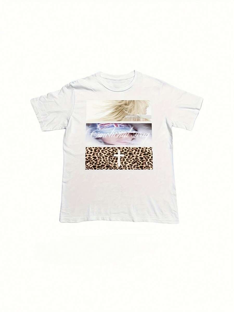 Camiseta unisex de manga corta con estampado de leopardo y patrón cruzado para verano - Blanco - Ver 1