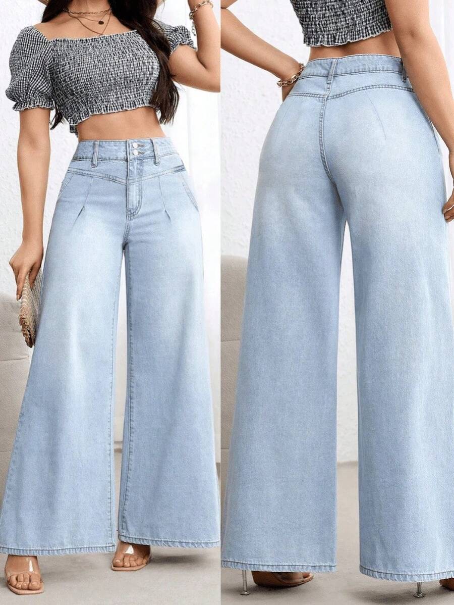 IDYLLIC Pantalones baggy Wide leg jeans mujer Vaqueros pantalón ropa casual lavada con agua cintura alta pantalones vaqueros pantalon de mezclilla dama pantalones cargo de mujer - Azul - Ver 1