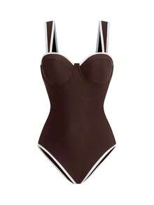 Swim Oasis Traje de baño de una pieza de color sólido + falda para mujer, conjunto de salida para primavera/verano - Marrón - Ver 3