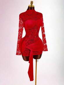 Blusa de encaje para mujer con vestido mini ajustado de tul rojo vintage con cordón en el bajo, estilo bohemio para fiesta - Burdeos - Ver 5
