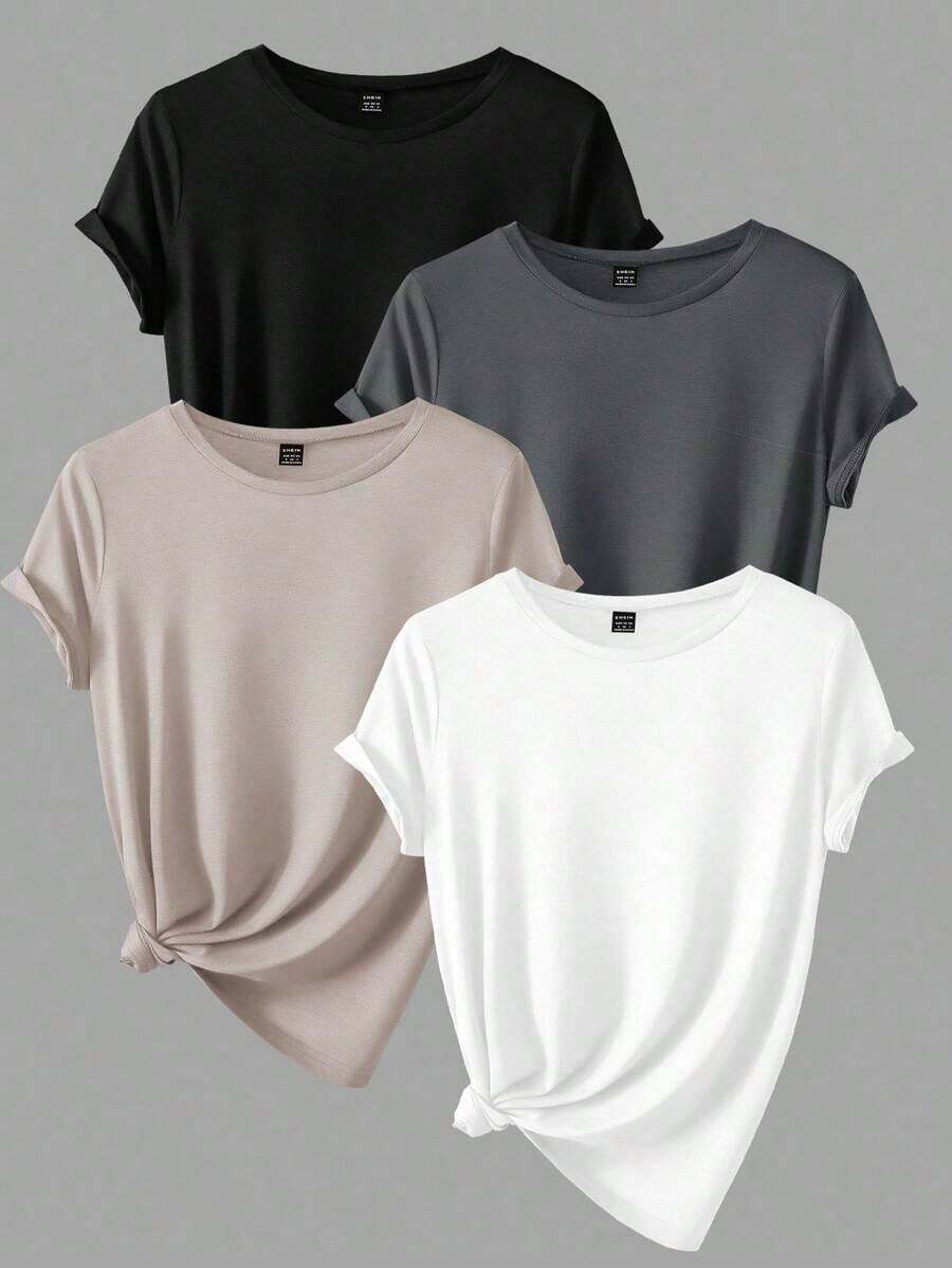 4 piezas Camisetas de manga corta de unicolor casual para mujeres - Multicolor 3 - Ver 1