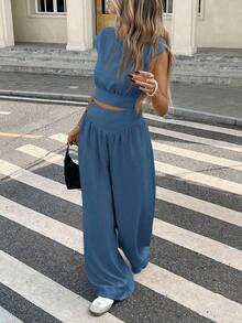 Conjunto de 2 piezas de blusa y pantalones con lazo en la espalda de unicolor para mujer, un conjunto de top holgado y pantalón de pierna ancha con lazos en la espalda, unicolor, elegante y casual, adecuado para el uso diario, primavera/verano - Celeste - Ver 6
