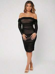 Vestido De Malla Entallado Con Hombros Descubiertos Con Pliegues - Negro 2 - Ver 3
