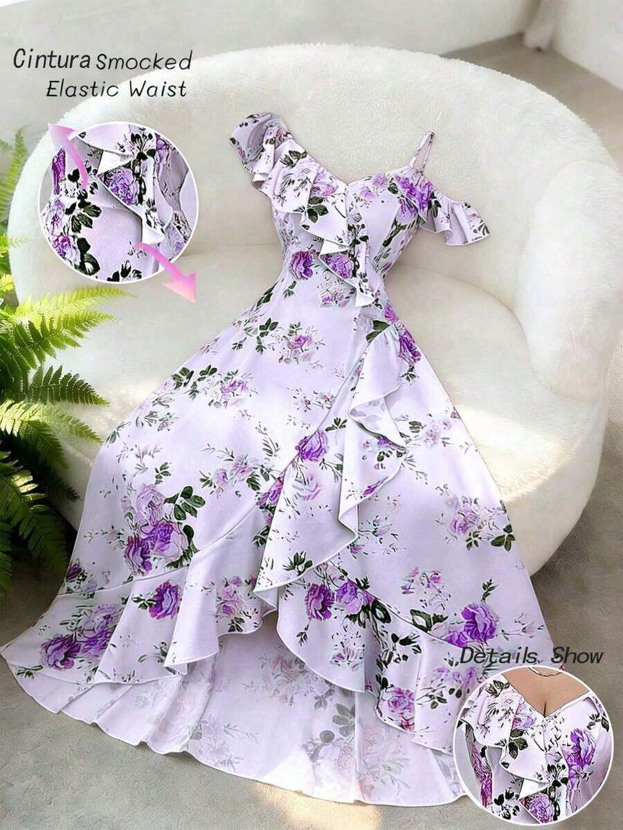 Vestido largo rosa de estilo retro romántico para mujer, con estampado floral, cuello oblicuo, volantes en el bajo e bajo irregular, ideal para vacaciones en la playa, reuniones diarias, citas y fiestas - Morado - Ver 1