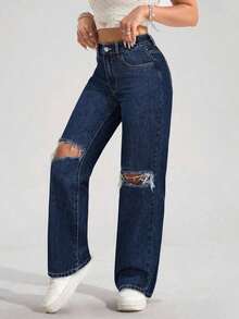 PETITE Vaqueros anchos y holgados de tela vaquera con bolsillos y efecto desgastado, de uso versátil y casual para mujer - Azul - Ver 3