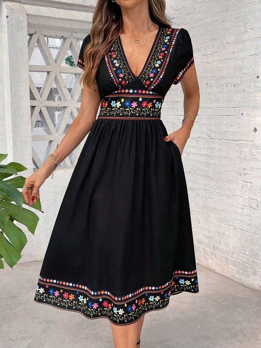 Clasi Vestido de mujer elegante de verano con cuello en V, estampado de flores retro, bolsillos a ambos lados de la cintura y falda en línea A, adecuado para diversas ocasiones como vacaciones en la playa, uso diario, hogar, etc. - amarillo ganso - Ver 1