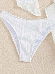 Conjunto de traje de baño de 3 piezas con camiseta de tirantes, bikini y falda de tela texturizada con decoración de estrella de mar en unicolor, para verano y vacaciones en la playa, color blanco - Blanco - Ver 5