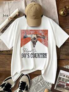 Camiseta de manga corta para mujer con estampado de cráneo de toro, apta para uso diario, salidas casuales, fines de semana y vacaciones, estilo relajado, de cuello redondo, confeccionada en poliéster, ideal para primavera y verano. Envío nacional disponible en México. - Blanco - Ver 1