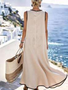 Holidaya Vestido casual de vacaciones con borde de color contrastante, bolsillo asimétrico, vestido largo casual, vestido de primavera/verano para mujer - Albaricoque - Ver 6