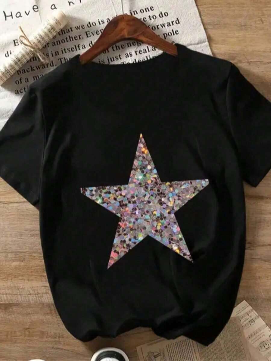 GraphicNueva camiseta de cuello redondo para mujer, manga corta, holgada, casual y versátil con ‌ estampado de estrellas ‌ , tejido suave y de buena caídaSummer TopCrew Neck