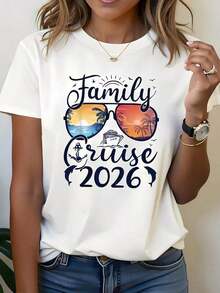 100% algodón, 1 pieza, camiseta blanca para mujer con estampado de gafas Sunset Family Cruise 2026, cuello redondo, camiseta casual de algodón, tejido de punto de elasticidad media, corte regular para damas, para primavera/verano/otoño. - Blanco - Ver 5