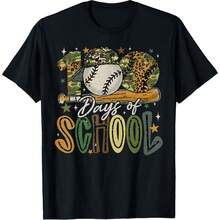 's T-Shirt With Baseball Print "100 Days Of School", Round Neck, Casual Cotton, Medium Stretch Knit Fabric, Regular Fit For Boys And Girls, Alphabet Print, Ideal For Back To School, Graduation Or Celebration. - 黑色 - 查看 1