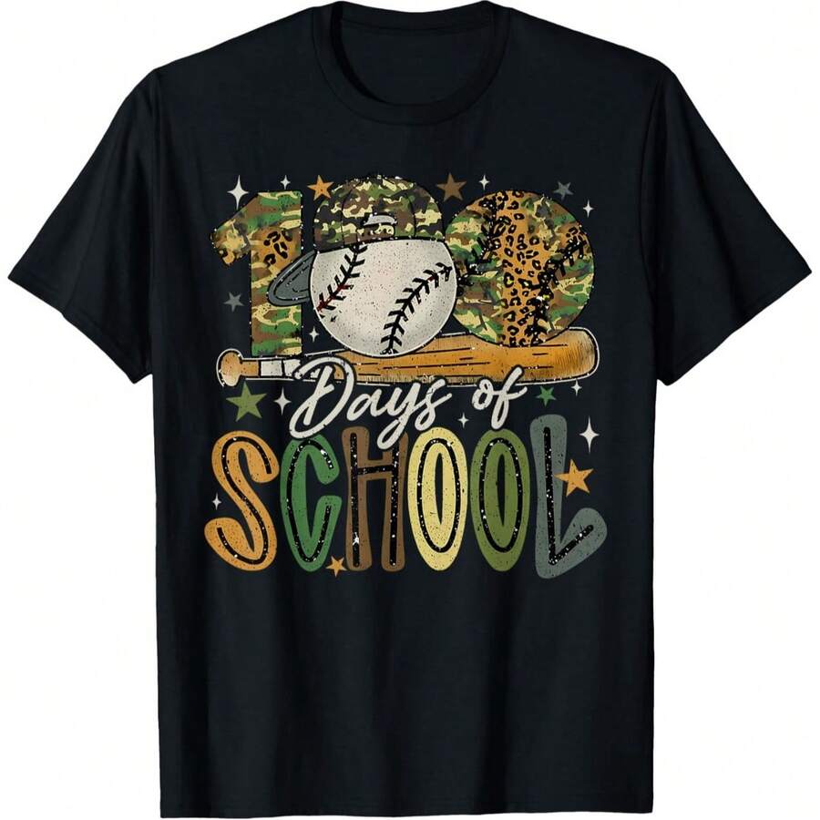 's T-Shirt With Baseball Print "100 Days Of School", Round Neck, Casual Cotton, Medium Stretch Knit Fabric, Regular Fit For Boys And Girls, Alphabet Print, Ideal For Back To School, Graduation Or Celebration. - 黑色 - 查看 1
