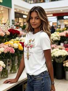 Women's "He Is Risen" Easter Floral T-Shirt, Soft Casual Fit, Short Sleeve, Round Neck, For Spring And Summer, Machine Washable. - 白色的 - 查看 5