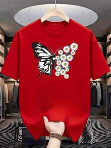Monochromatic Butterfly With Wings Formed By Numerous White And Green Daisies Symbolizing Freedom, Renewal And Connection With Nature. T-Shirt, 100% Cotton, 220g - 紅色的 - 查看 1