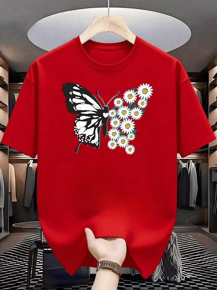 Monochromatic Butterfly With Wings Formed By Numerous White And Green Daisies Symbolizing Freedom, Renewal And Connection With Nature. T-Shirt, 100% Cotton, 220g - 紅色的 - 查看 1