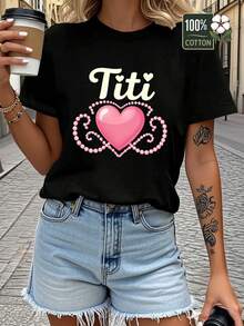 Camiseta de manga corta con estampado y cuello redondo de algodón puro para mujer, camiseta cómoda de algodón puro para mujer con fuente en forma de corazón Pearl Didi. - Negro - Ver 1