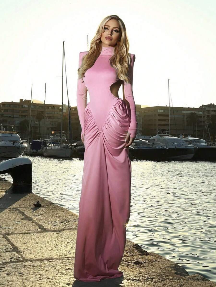 Vestido largo liso cuello alto verano 2025, ajustado elegante con espalda descubierta estilo moda - Rosa - Ver 1
