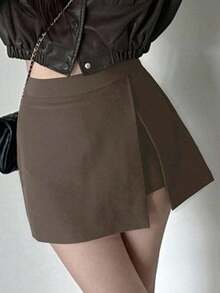 Falda pantalón de verano casual de unicolor con abertura lateral para mujer - Café integral - Ver 4