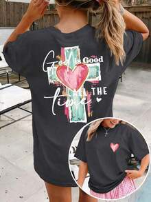 Lightweight Summer T-Shirt With Hand-Drawn Lettering And Cross Print, Christian Religious T-Shirt With The Phrase "God Is Always Good", Casual Short-Sleeve Crew Neck Faith Clothing, White - 深灰色 - 查看 2