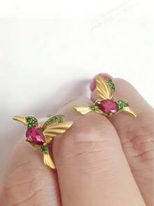 1 Pair Hummingbird Threader Earrings, Gold Plated Long Drop Earrings With Sparkling Pink CZ & Green Crystal, Dainty Bird Thread Through Earrings, Delicate Chain Ear Line, Elegant Animal Jewelry For Women, Daily Party Wear, Valentine's Gift, Stackable, Non Tarnish, Hypoallergenic, Fashion Accessories - Gold - View 2