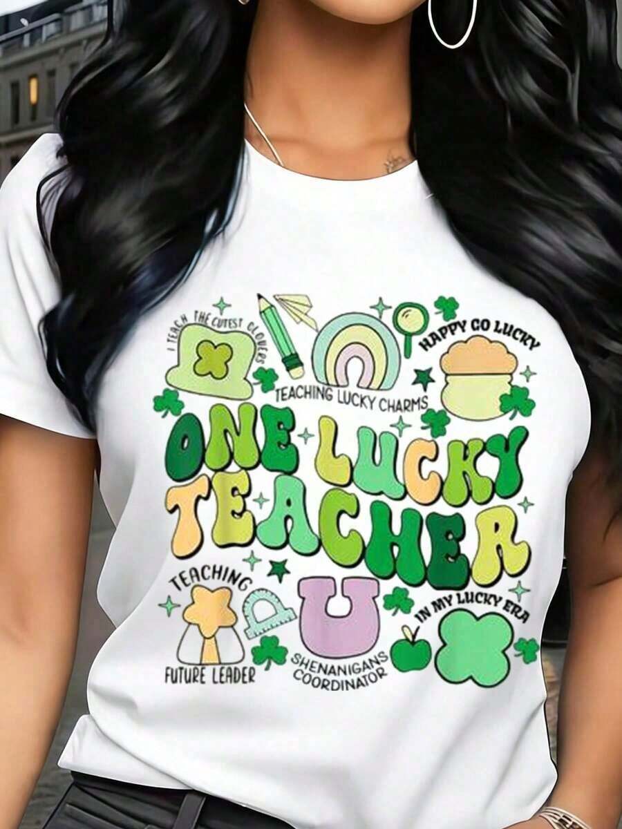 Camisetas estampadas de moda para mujer, tops de estilo urbano de talla grande, camisetas de verano cómodas y elegantes que combinan con todo. Camiseta de mujer con estampado del Día de San Patricio, diseño de "Un Maestro Afortunado", informal para la escuela y ocasiones festivas. - Blanco - Ver 1