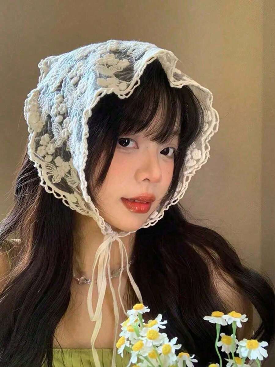 1件装女士白色针织花朵发带，网纱三角围巾头饰，情人节发饰，秋冬度假装