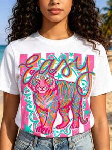 ¡Oferta por tiempo limitado, cantidades limitadas,  relámpago! Camisas para mujer, camisetas preppy con estampado de tigre, camisetas casuales de cuello redondo, ropa de verano para mujer, estilo urbano Y2K. - Blanco - Ver 2
