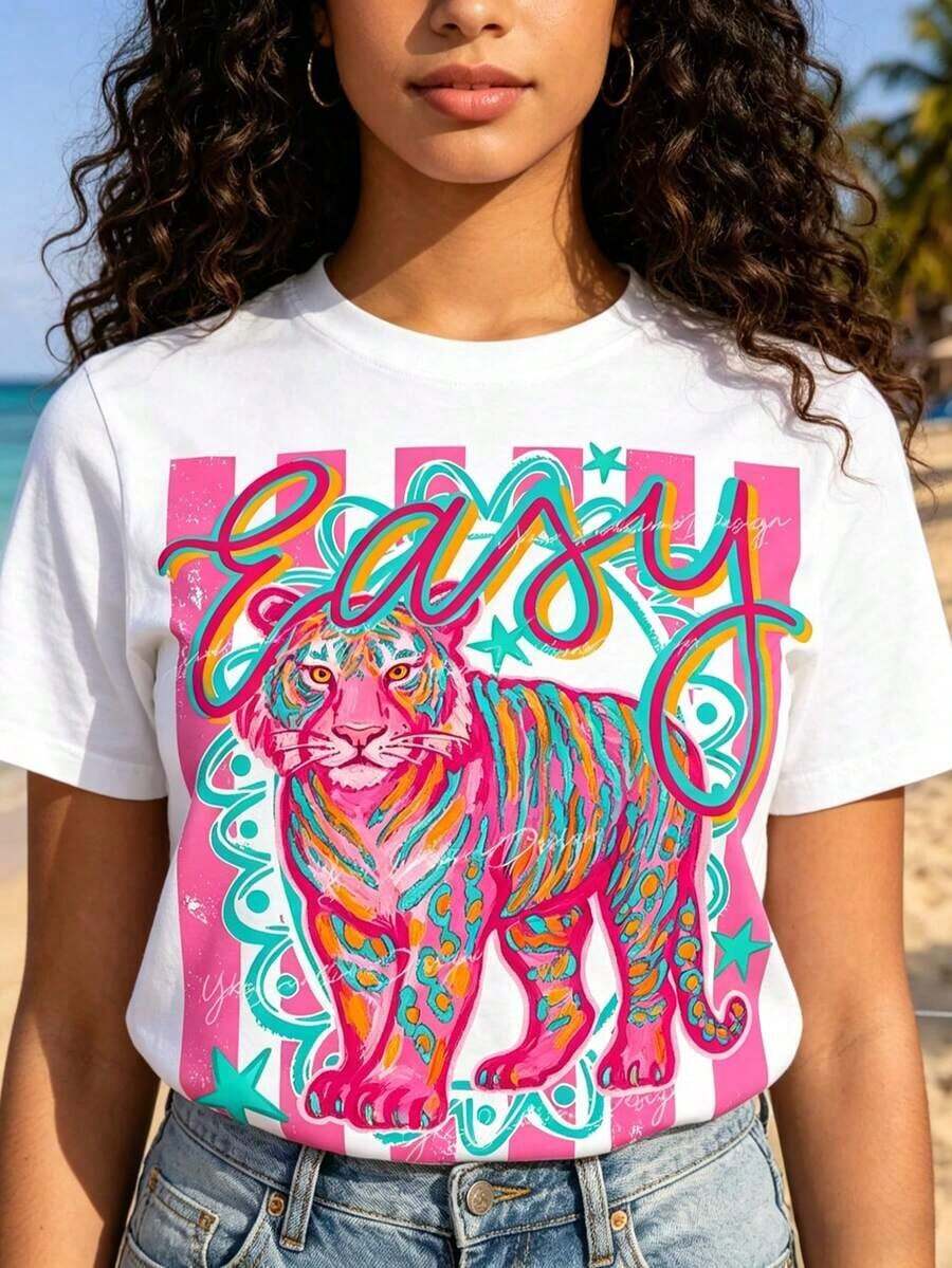 Preppy Style Tiger Print T-Shirt, Casual Crew Neck T-Shirt Ropa De Verano Mujer Y2k Clothes Streetwear - 白色 - 查看 1