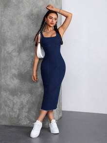 Tall Vestido midi de jean de manga hombros abierta, cuello cuadrado, ajustado y entallado para fiesta y vacaciones - Azul lavado oscuro - Ver 10