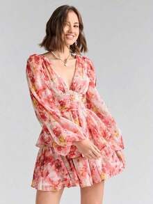 Vestido de verano elegante para mujer con mangas de linterna y estampado floral en todo el vestido - Rojo - Ver 3