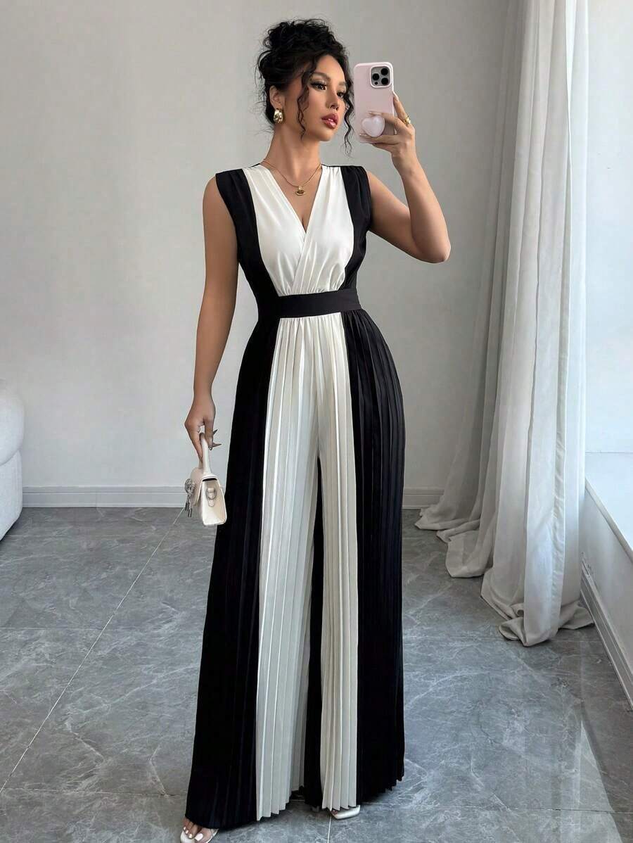 Mono de pierna ancha con cintura ceñida y cuello en V fruncido para mujer, conjunto casual y elegante para viajes y la oficina - Multicolor 2 - Ver 1