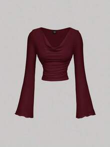 MOD Conjunto de camiseta de manga larga ajustada con cuello de volantes, mangas acampanadas y plisadas en 3 colores - Burdeos 2 - Ver 5