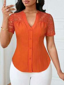 Camisa casual de mujer de unicolor y estilo simple para uso diario, verano - Naranja Quemada - Ver 6