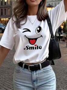Women's White Short-Sleeved T-Shirt With Round Neck And Cartoon Print, Graphic Tee, Suitable For Summer, Autumn And Winter Outfits. - 白色的 - 查看 11