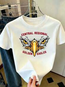 Women's White T-Shirt With Eagle Print, Sporty Style, Casual Short-Sleeved T-Shirt, Round Neck, Comfortable Varsity-Style Blouse For Everyday Wear, School, Outings, And Casual Outfits - 白色 - 查看 1