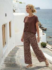 2 piezas Conjunto casual de mujer con pantalones rectos de cuello redondo y manga corta en colores contrastantes con estampado ditsy floral, para primavera/verano - Marrón - Ver 5