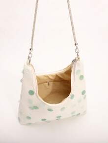 1 pieza Bolso de lino tipo hobo con parches de malla holográfica con lentejuelas en degradado verde, decoración de rhinestones brillantes, bolso casual de moda para el verano, estilo de vacaciones (colocación de lentejuelas al azar) - verde menta - Ver 7