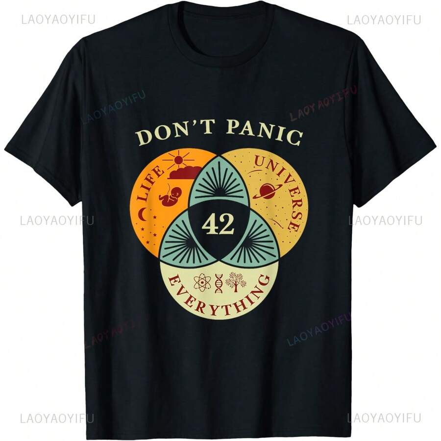 Camiseta informal de manga corta con cuello redondo y estampado "Dont Panic Life Universe Everything" de tejido de punto de largo regular. - Negro - Ver 1