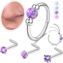 Opal Nose Ring Studs Horseshoe Nose Rings Hoops Stud 316L Stainless Steel Nose Rings Round CZ Square Screw L Shaped Nose Stud Hypoallergenic Nostril Piercing Jewelry For Women Men - 金色/9件套裝/G23鈦金/耳環和耳環套裝 - 查看 1