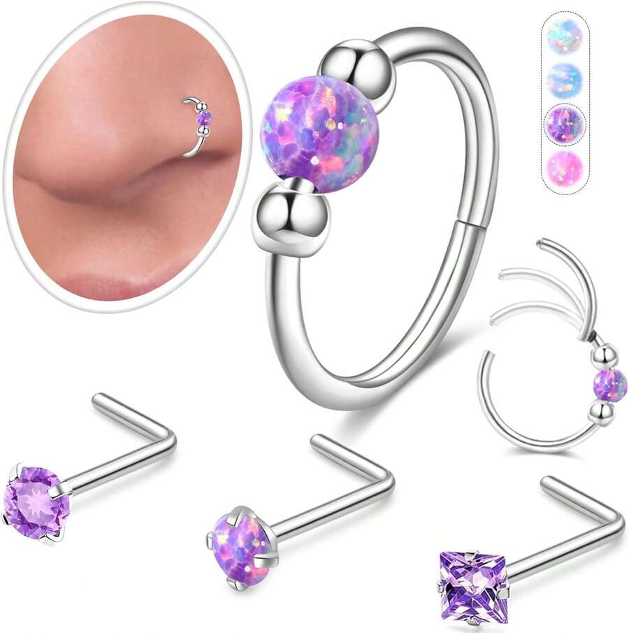 Opal Nose Ring Studs Horseshoe Nose Rings Hoops Stud 316L Stainless Steel Nose Rings Round CZ Square Screw L Shaped Nose Stud Hypoallergenic Nostril Piercing Jewelry For Women Men - 金色/9件套裝/G23鈦金/耳環和耳環套裝 - 查看 1