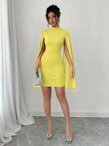 Vestido de capa ajustada con cuello mao de unicolor - amarillo ganso - Ver 8
