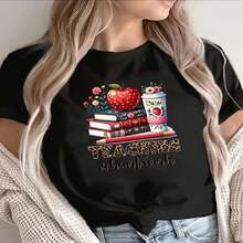 1 pieza clásica y versátil, camiseta de manga corta de algodón puro con estampado temático de profesor, ideal para usar en todas las estaciones. Estilo moderno - Negro - Ver 2